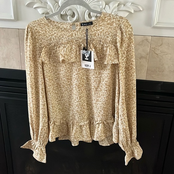 Very J Tan Ruffled Long Sleeve Blouse - Picture 1 of 7
